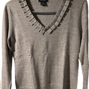 Brooks Brothers Gray V-Neck Sweater with Pleated Trim
